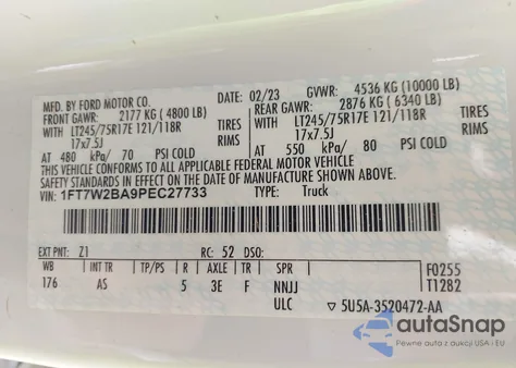 2023 Ford F-250 Xl from USA, damaged, VIN 1FT7W2BA9PEC27733